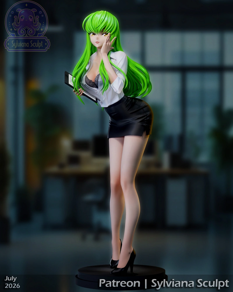 Stylized original office lady statue with long green hair, tablet, office clothes, heels, and round base