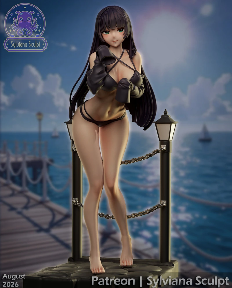 PaSan stylized female figurine with long dark hair, gloves, and a lantern-lined pier base