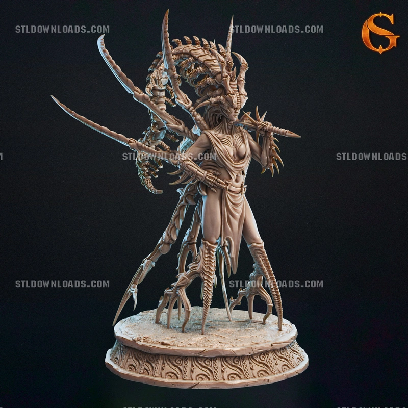 Horned Marvel symbiote warrior statue with tendrils on an ornate circular base
