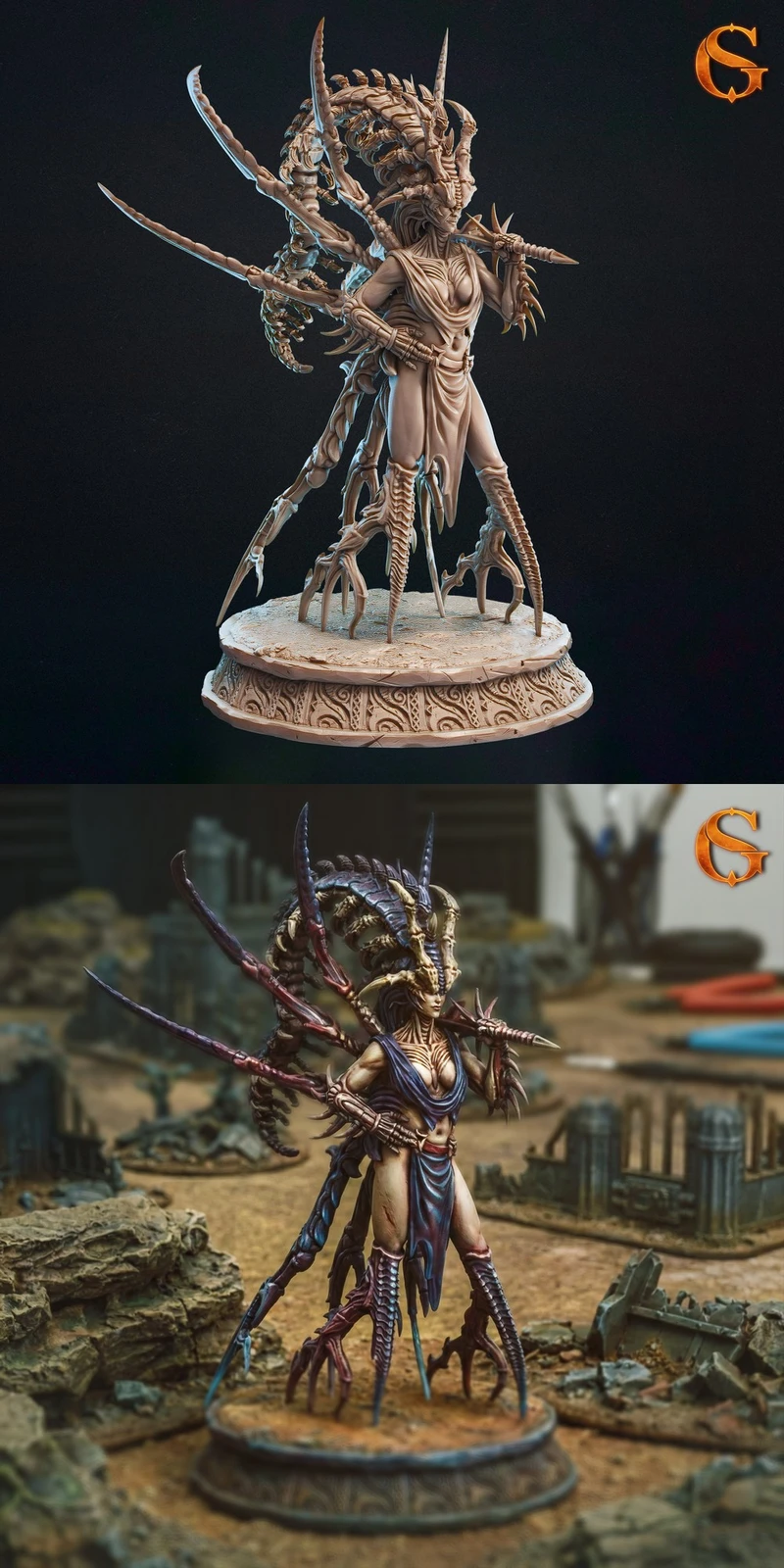 Symbiote Warrior statue with horns, tendrils, claws, and a display base