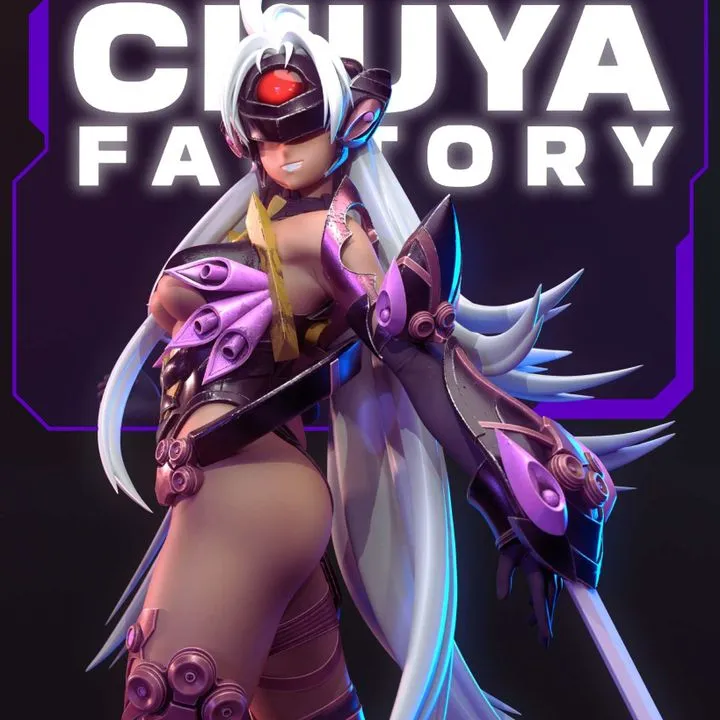 T-elos from Xenosaga with white hair, red visor, and purple mechanical armor