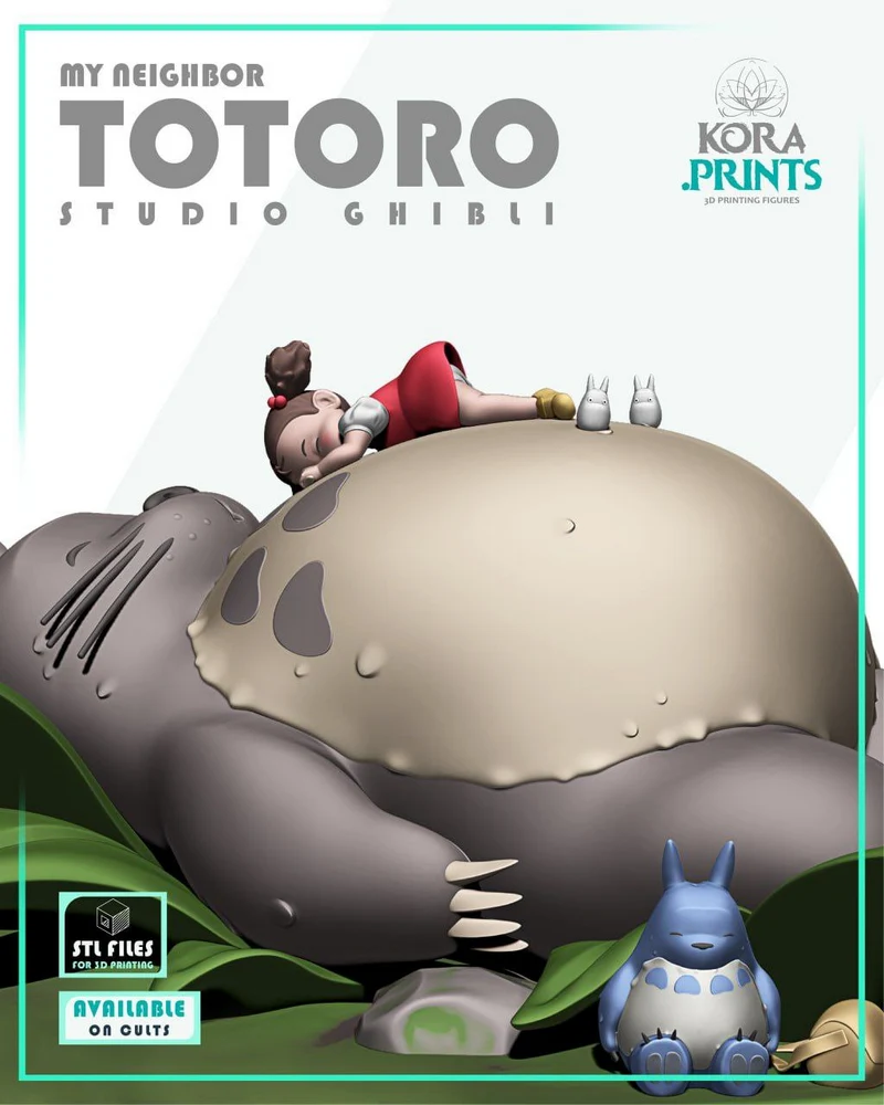 Totoro reclining with Mei on his back, small white spirits, and a blue Totoro figure