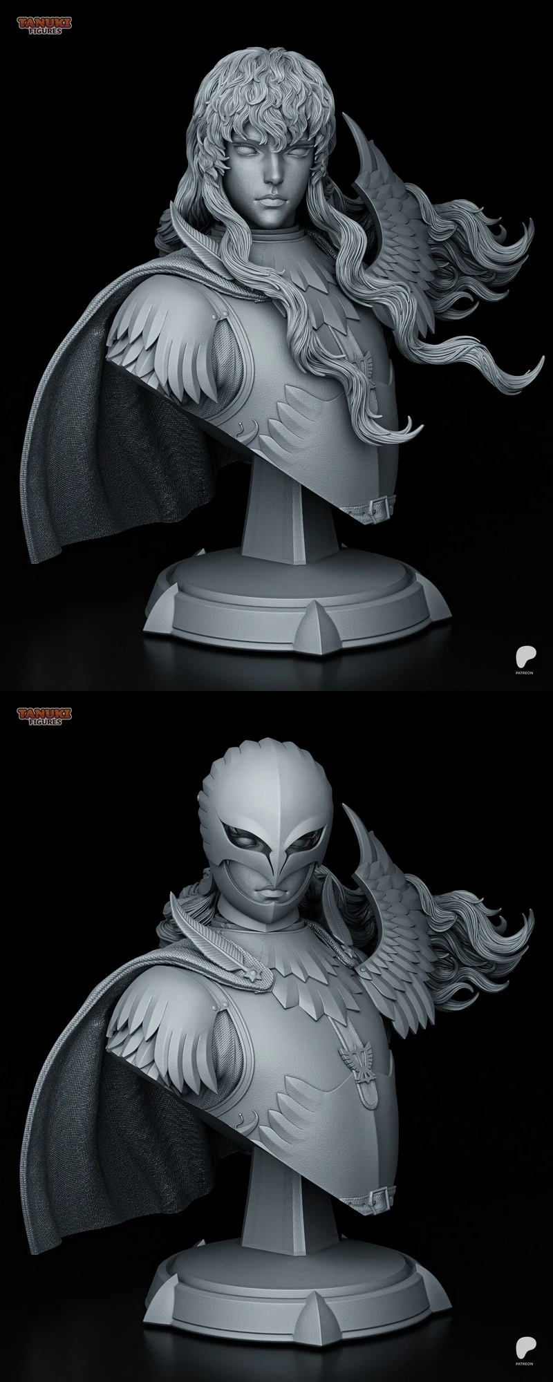 Griffith from Berserk armored bust with flowing hair and cape on a display base