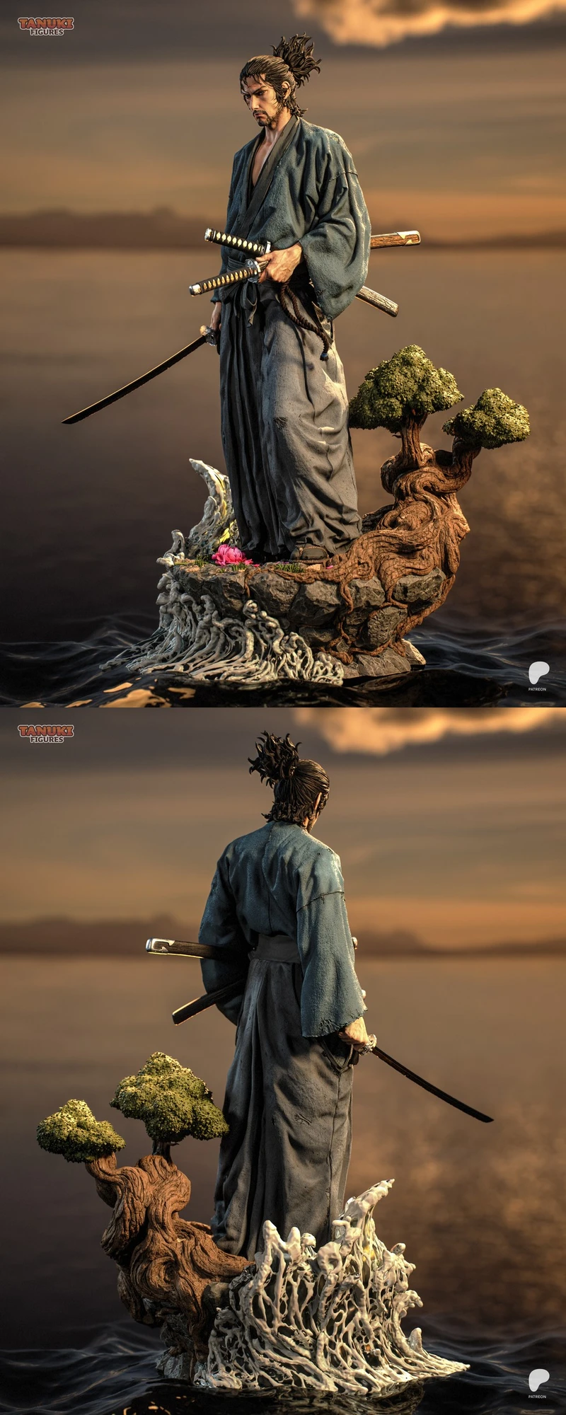 Musashi samurai statue with swords, bonsai tree, roots, and sculpted diorama base