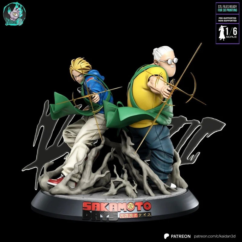 Taro Sakamoto and Shin Asakura posed with bows on a root-covered display base