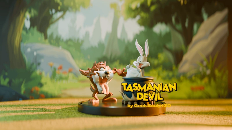 Taz and Bugs Bunny Looney Tunes 3D model on a round display base