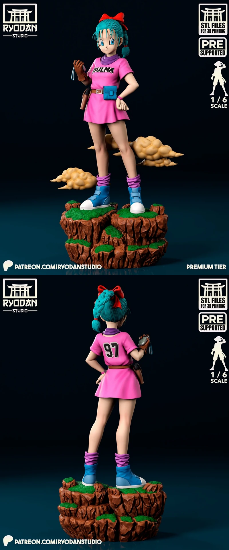 Teen Bulma Dragon Ball 3D statue in a pink dress on a rocky base