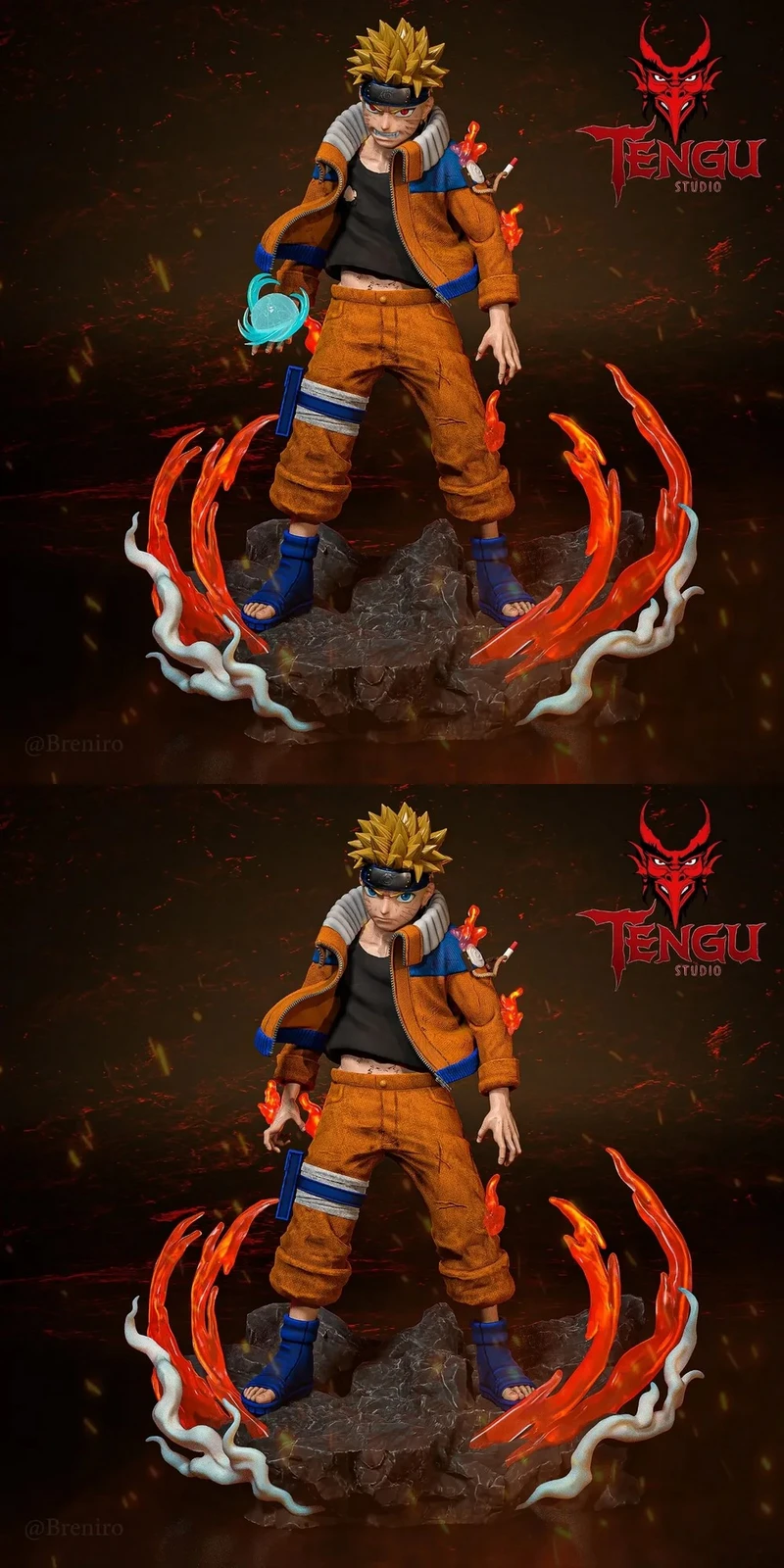 Uzumaki Naruto statue in an orange outfit with energy effects on a rocky base