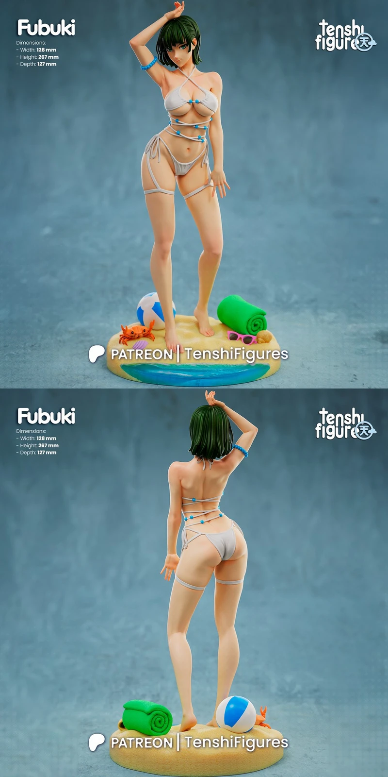 Fubuki from One-Punch Man in a white swimsuit on a beach display base