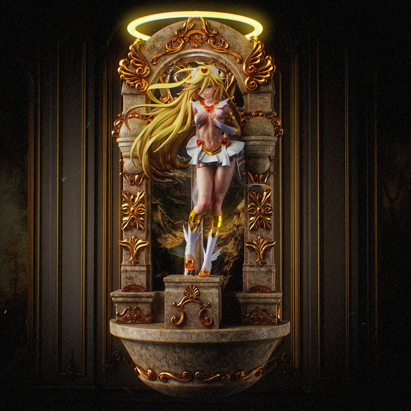Panty Anarchy haloed angel statue on an ornate throne pedestal