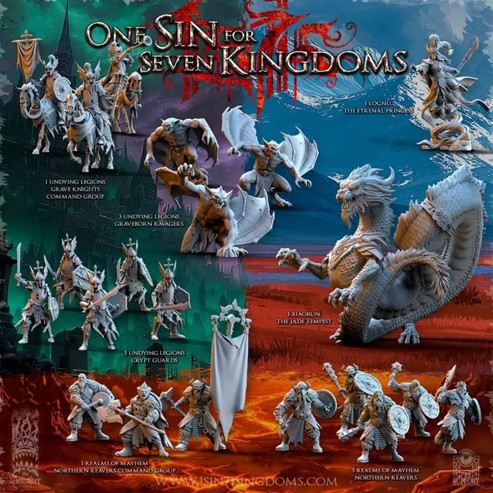 Fantasy tabletop miniatures with undead warriors, winged beasts, and armored creatures
