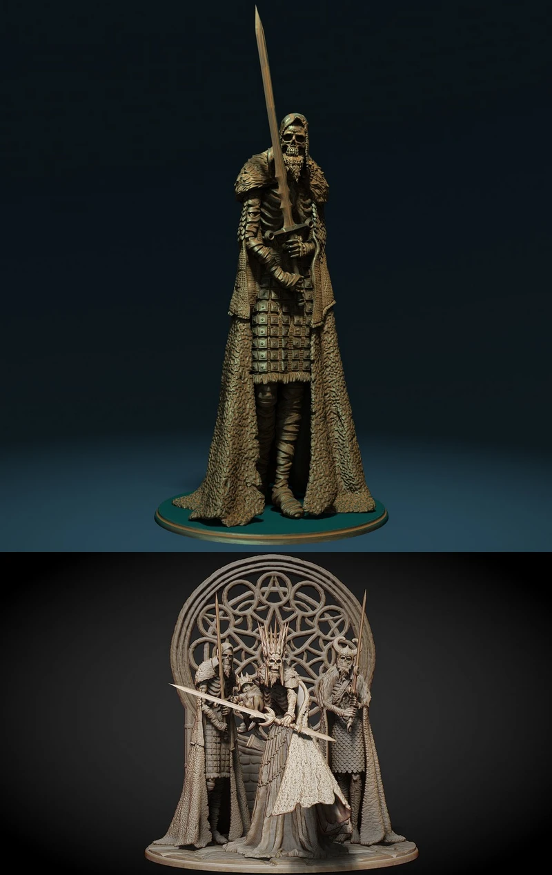 Fantasy skeletal crown prince diorama with sword, guards, and ornate circular backdrop