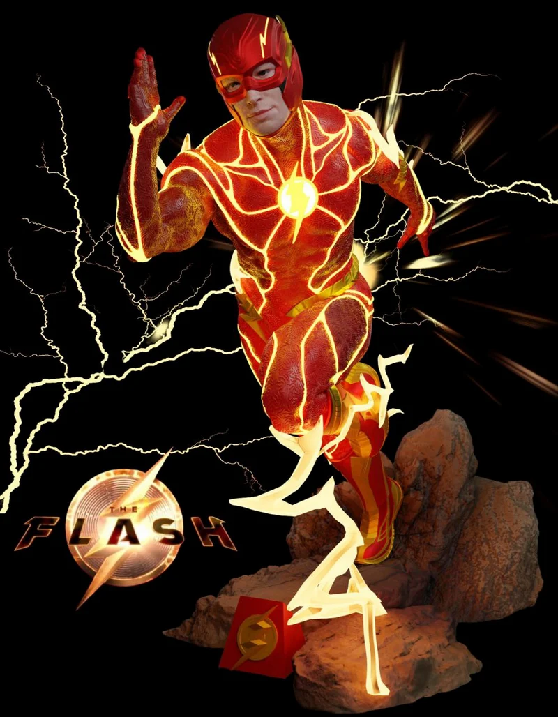 The Flash DC Comics statue in a running pose with lightning effects