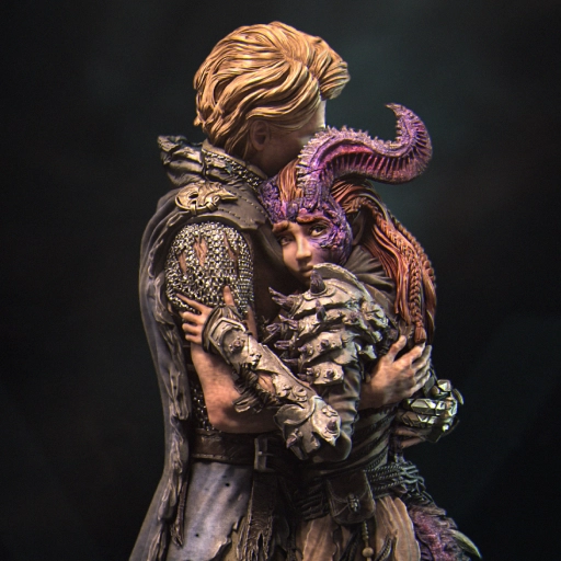 Fantasy diorama of an armored warrior embracing a horned companion