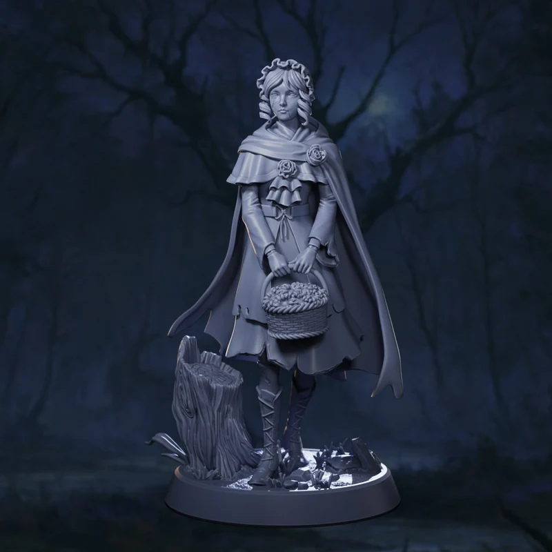 Possessed doll fantasy figure with cape, flower basket, and woodland stump base