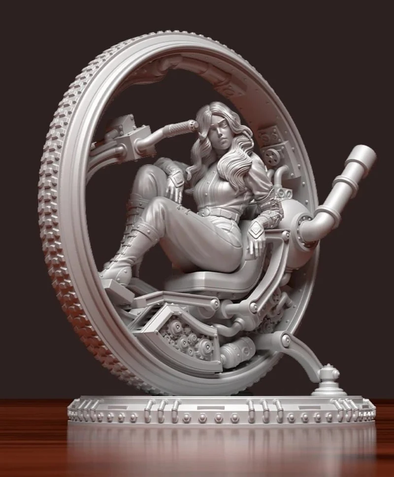 Seated long-haired woman in a mechanical wheel sculpture on a detailed pedestal