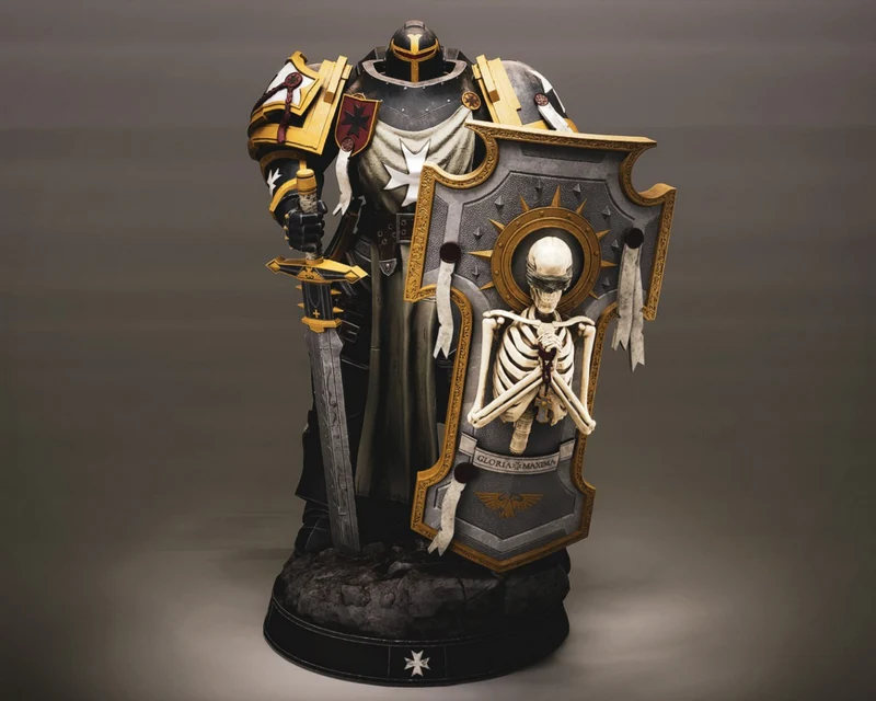 Armored fantasy knight with sword, ornate skull shield, cloak, and rocky base