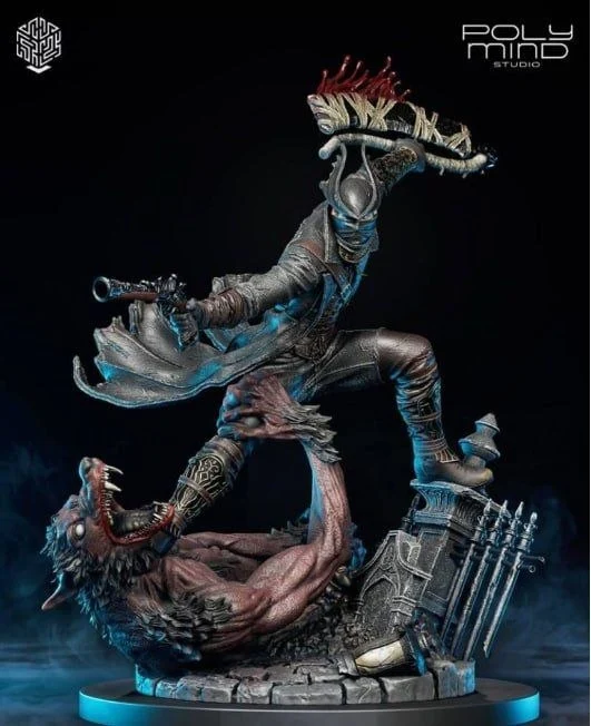 The Hunter from Bloodborne posed above a grotesque beast on a detailed display base