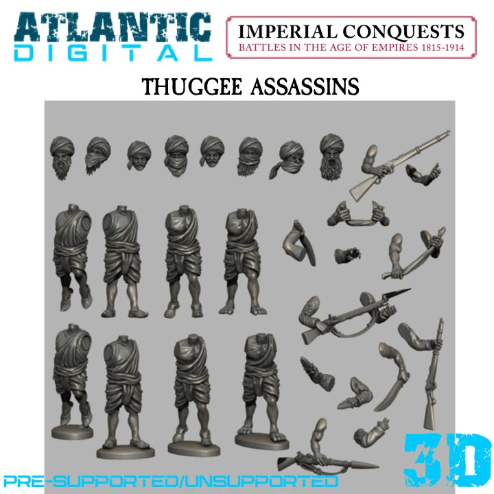 Thuggee assassin tabletop miniatures with wrapped clothing, turbaned heads and weapons
