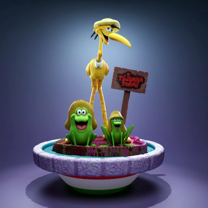Tijuana Toads cartoon diorama with two green toads, a tall yellow bird, sign, and round display base