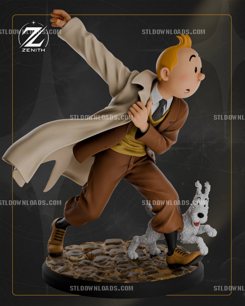 Tintin running with Snowy on a textured round display base