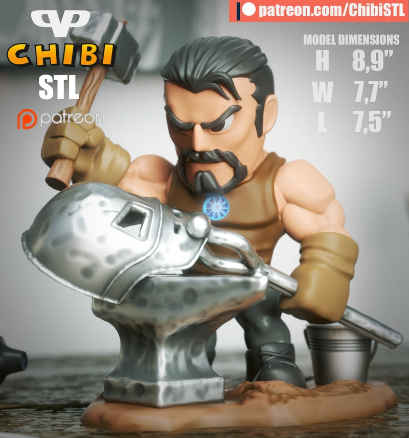 Chibi bearded character with hammer and anvil, listed as Tony Stark from Marvel