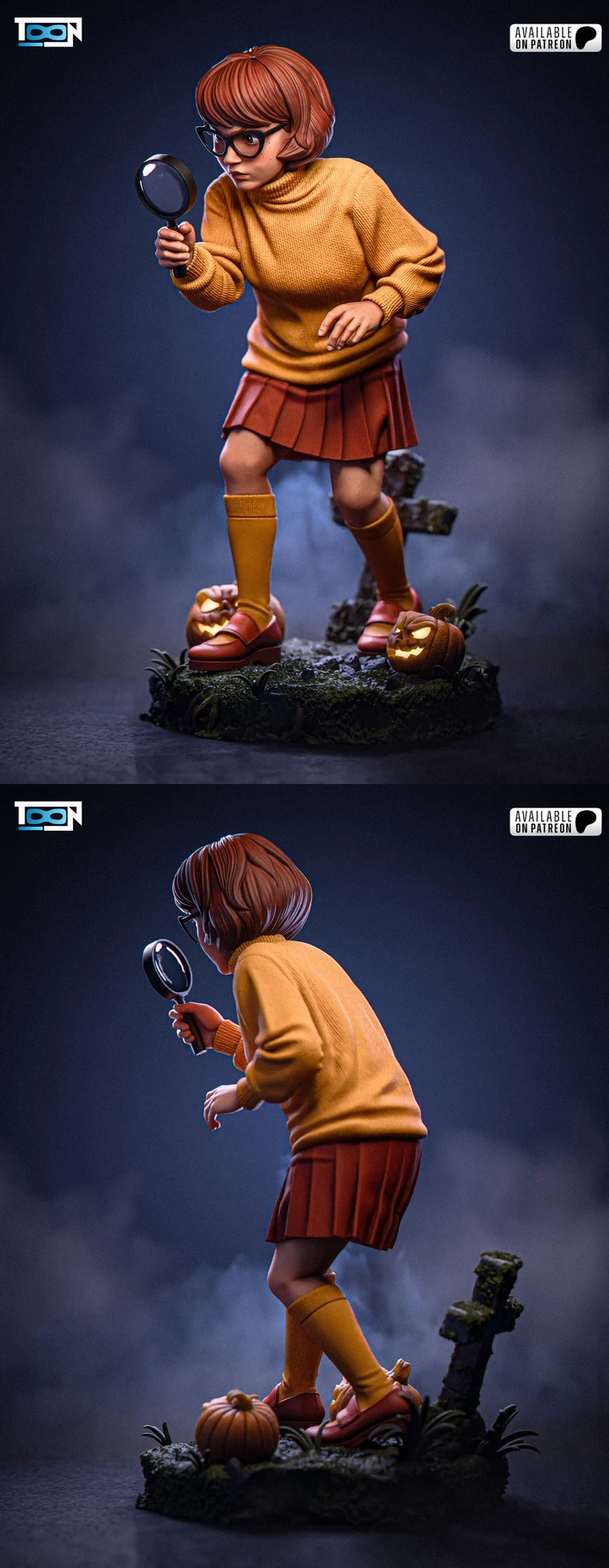 Velma Dinkley Scooby-Doo statue holding a magnifying glass on a pumpkin base