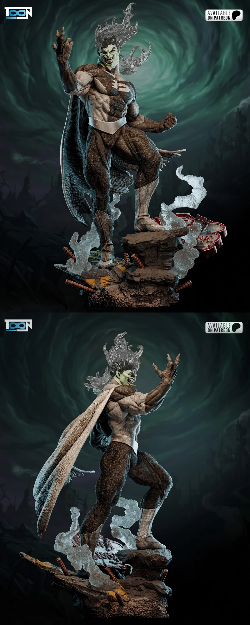 Dark Danny Phantom statue with flowing cape, rocky base, and ghostly effects