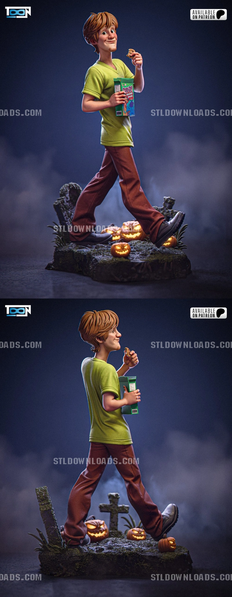 Shaggy Rogers Scooby-Doo STL figure with cereal box on a Halloween graveyard base