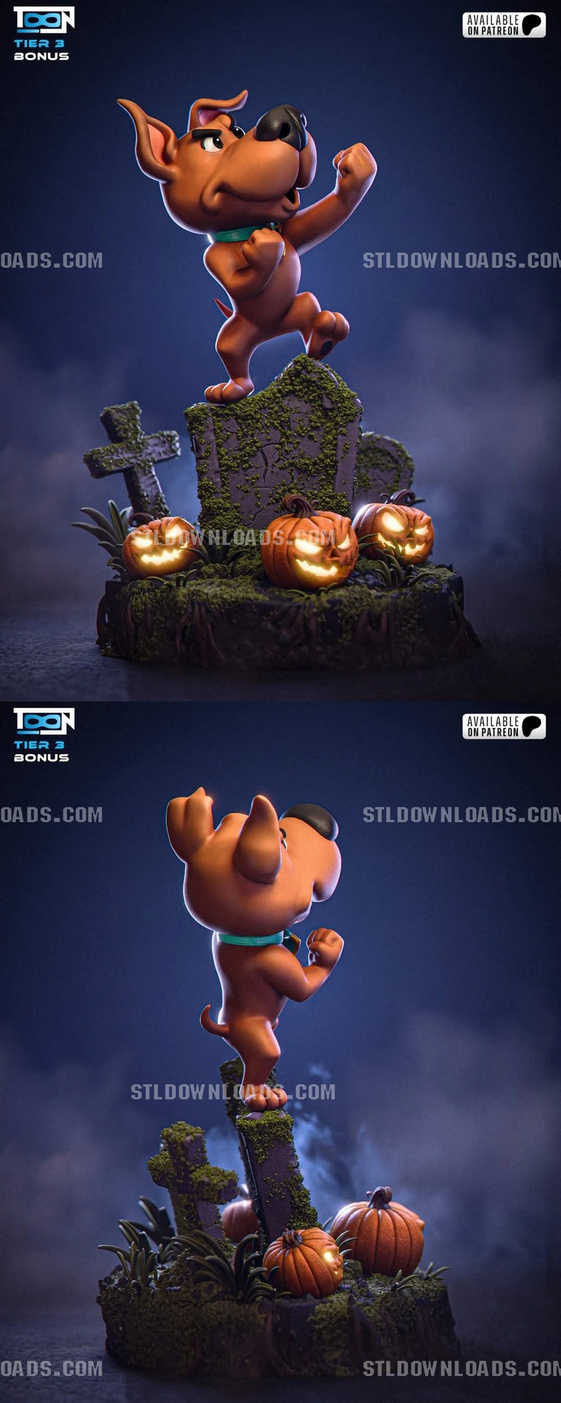 Scrappy-Doo 3D model posed above a mossy grave with pumpkins