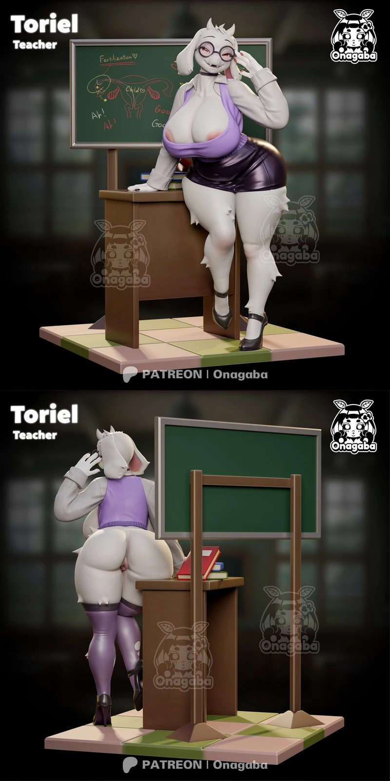 Toriel from Deltarune posed as a teacher beside a desk and chalkboard