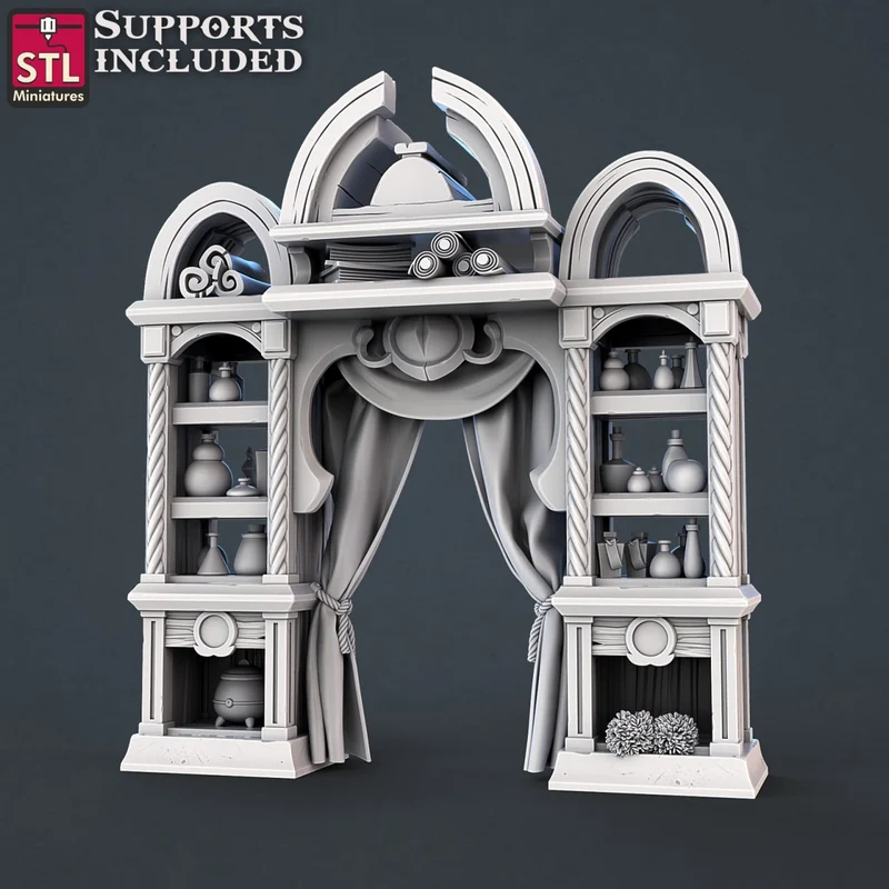 Fantasy toxic vendor cabinet with arches, shelves, bottles, and draped curtains