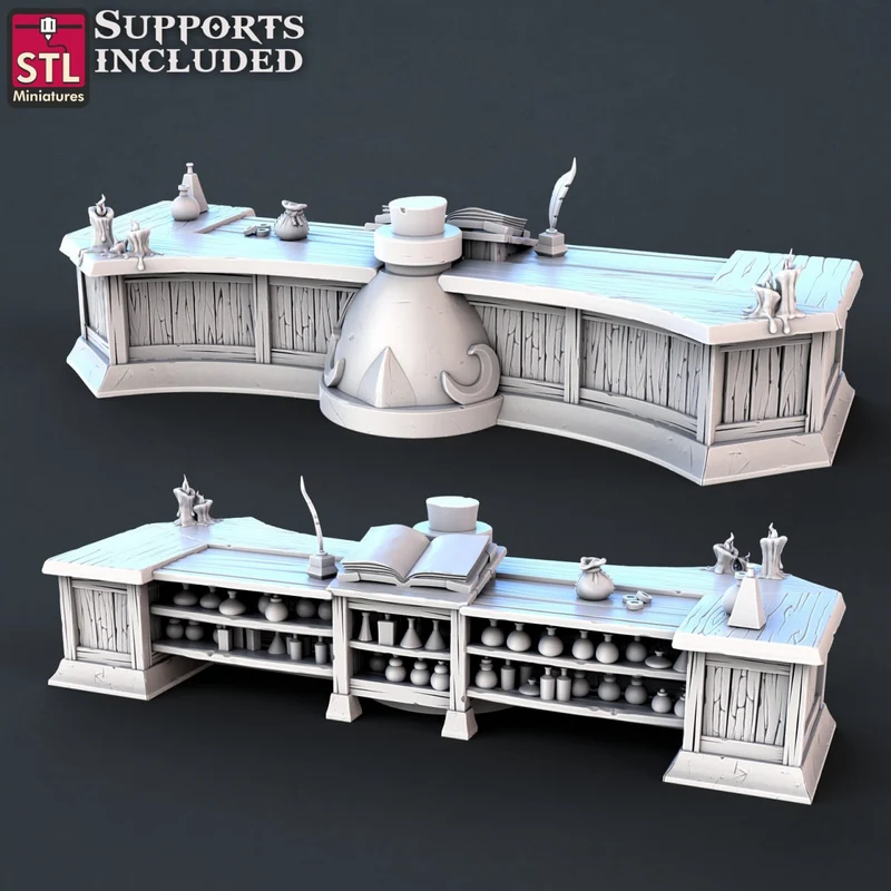 Fantasy toxic vendor counter with curved wood panels, stocked shelves, bottles, books, candles, and a central vessel