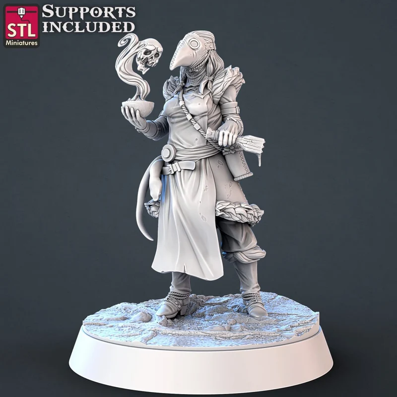 Toxic vendor goblin miniature with beaked mask, robe, satchel, tail, and skull-filled vessel