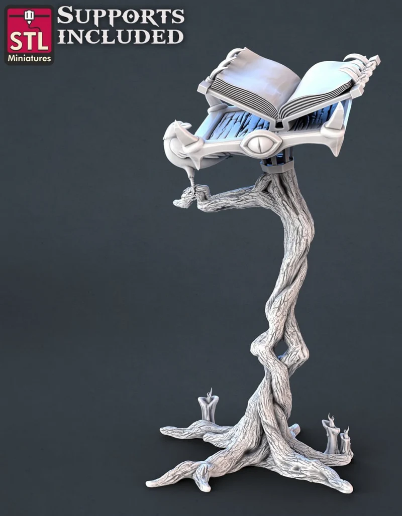 Fantasy toxic vendor lectern with an open book on a twisted tree trunk
