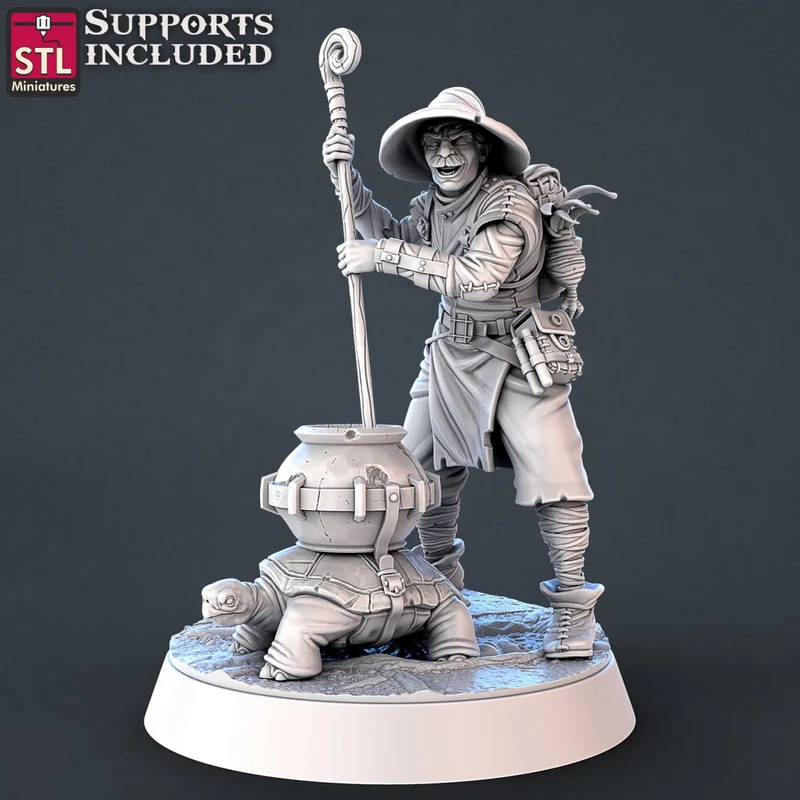 Fantasy toxic vendor miniature with staff, cauldron, companion creature, and scenic base