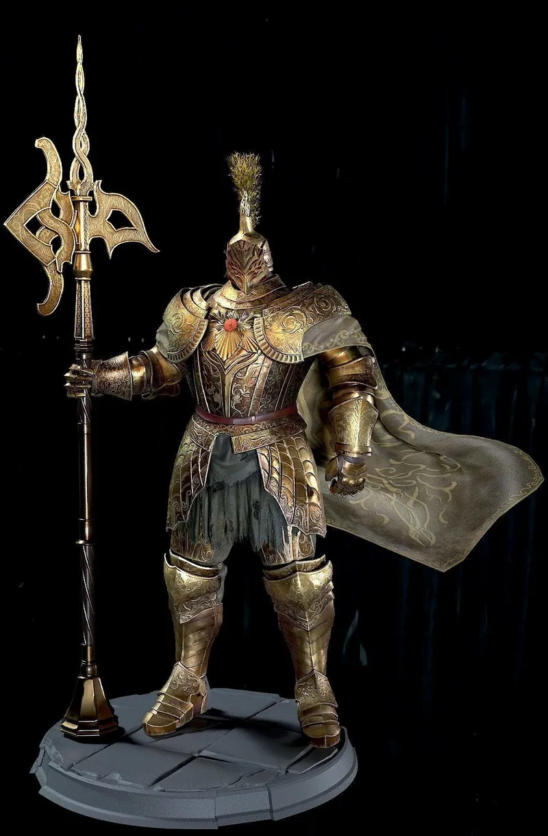 Tree Sentinel Elden Ring 3D model with ornate armor, halberd, cape, and display base