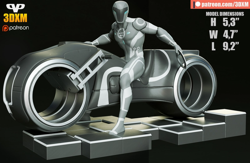 TRON: Legacy-inspired light cycle with armored rider on a geometric display base