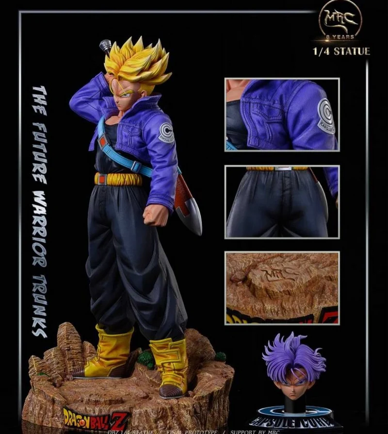 Dragon Ball Trunks statue with a sheathed sword on a rocky base
