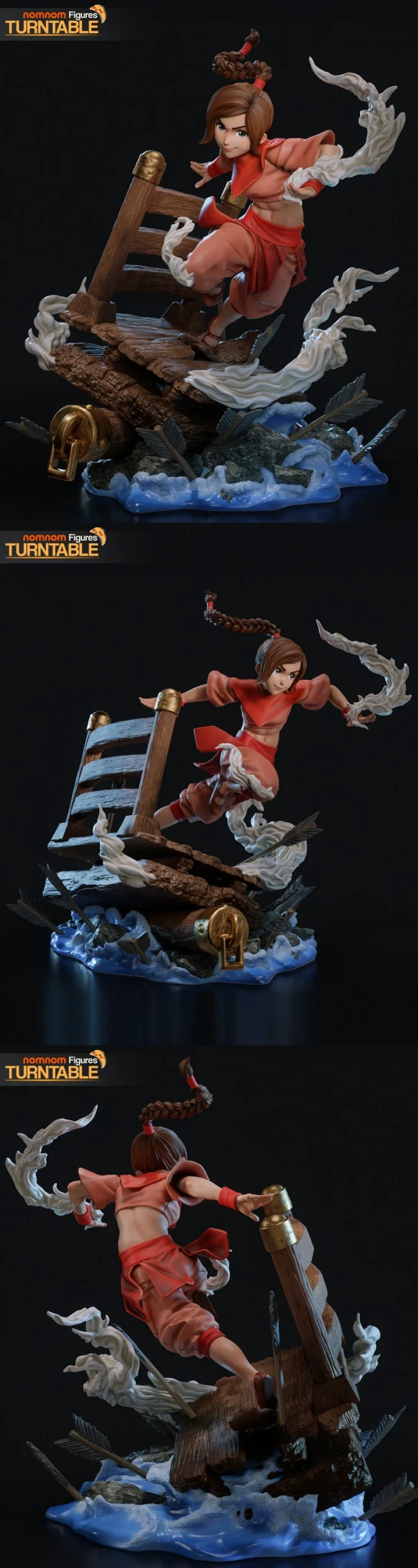Ty Lee in a dynamic red outfit on a wave-covered wooden display base