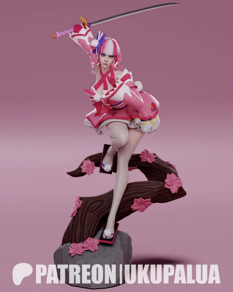 Psylocke character statue with raised sword, pink costume, blossoms, and tree base
