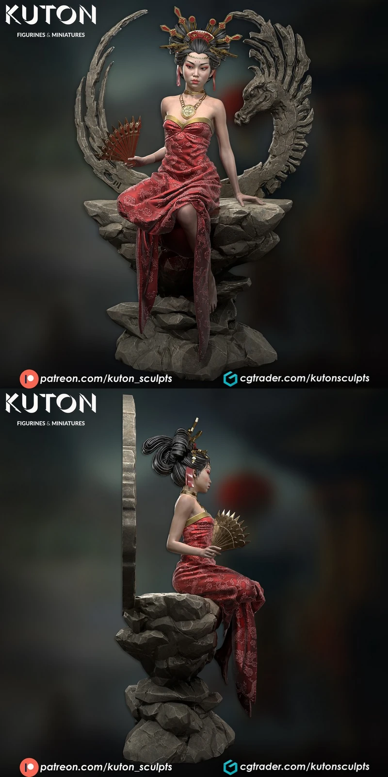 Seated fantasy woman in a red dress with a fan, rocky throne and sculpted dragon backdrop