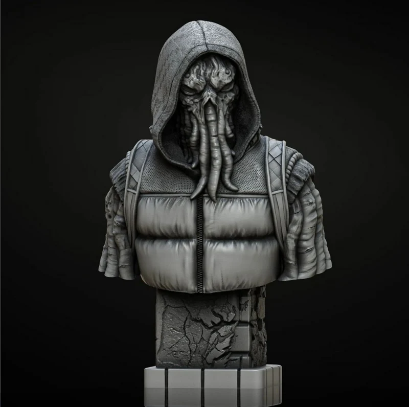 Urban Cthulhu bust wearing a hooded puffer jacket on a cracked display base