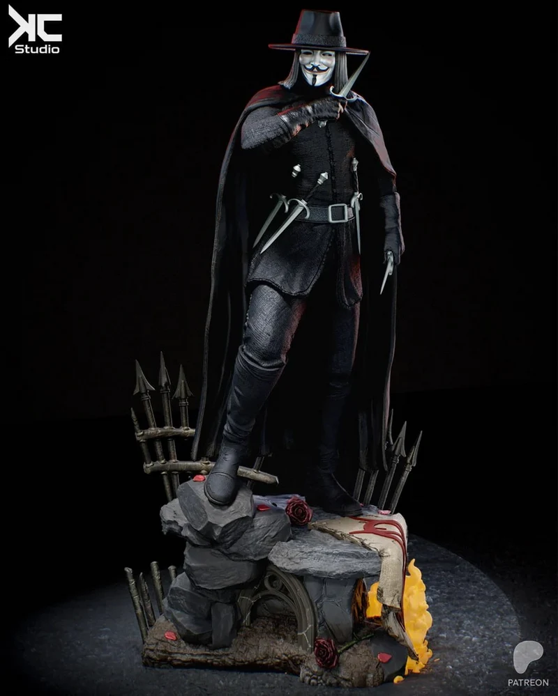 V for Vendetta masked vigilante statue with cape, blades, and display base
