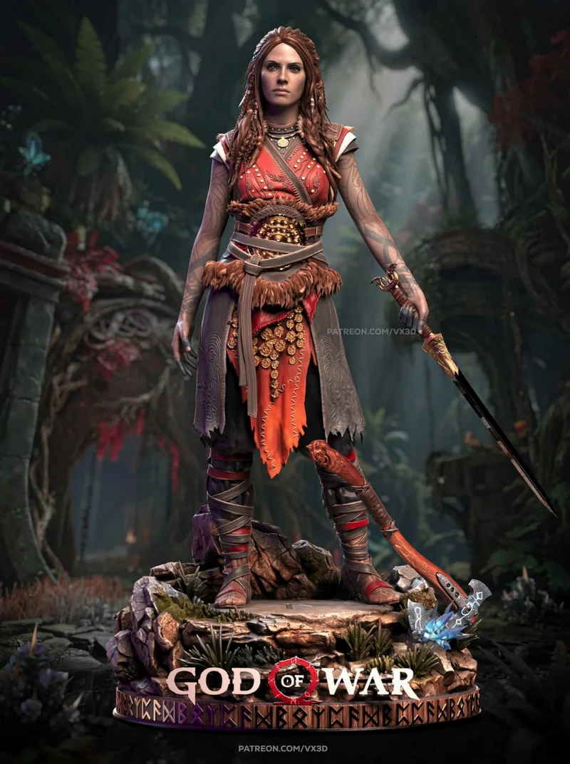 Freya God of War warrior statue with sword, armor, tattoos, and rocky base