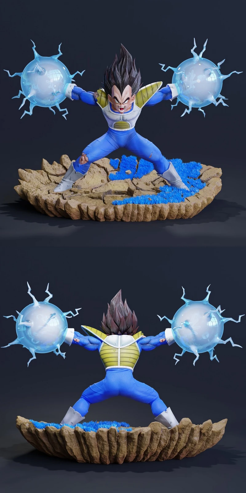 Vegeta from Dragon Ball in Saiyan armor with twin energy spheres on a rocky display base