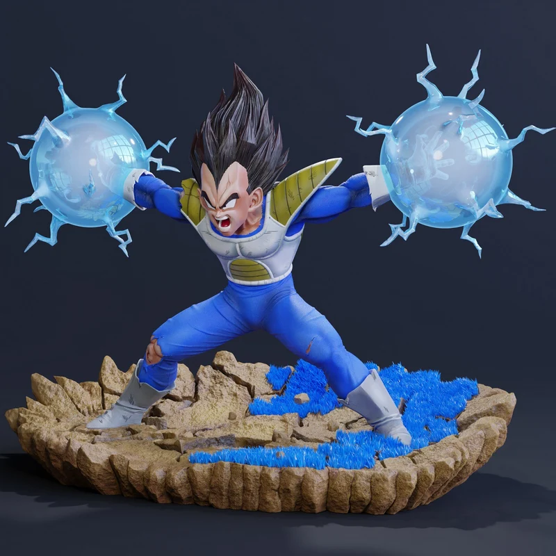 Vegeta from Dragon Ball in battle armor with blue energy spheres