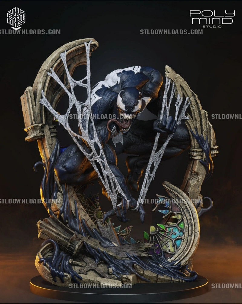 Venom Marvel symbiote statue crouched amid webbing and gothic debris