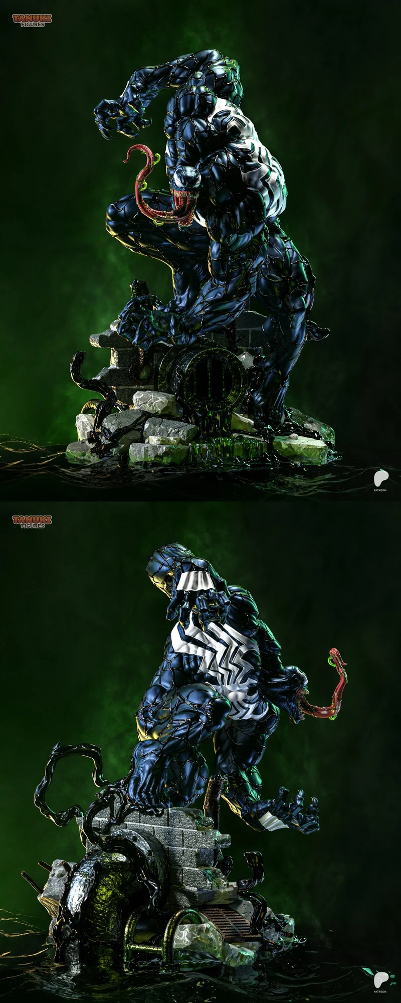Venom Marvel symbiote statue with tongue, tendrils, and urban-style base