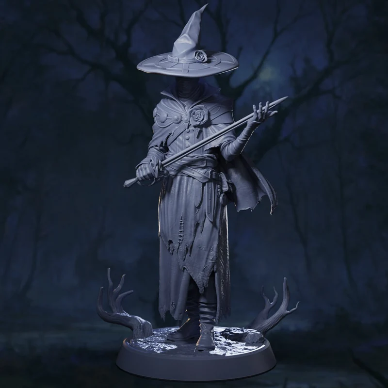 Veyron Duskmire dark fantasy wizard statue with pointed hat and staff